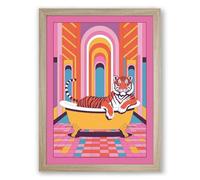 Tigers in the Bathtub Maximalist Framed Wall Art Print A4 (29.7×21cm) Oak, Wall Decor for Living Room, Bedroom, Office & Home, Ready to Hang, Art Gift