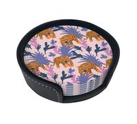 Tigers In The Jungle,Set of 6 Round Coasters, Pu Leather Drinks Coasters with Holder for Home Office Kitchen