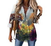 Tigers in The Mountains Womens Blouses Button Down Long Sleeve Shirts V Neck Loose Business Casual Top