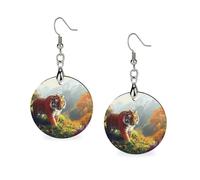 Tigers in The Mountains Women's Drop Earrings Wooden Dangle Pendant with Stud Hoop Jewellery Gifts
