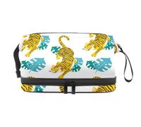 Tigers in The Tropical Leaves Double Layer Cosmetic Bag for Women and Girls, Travel Toiletry Bag Makeup Handy Pouch Organiser Bag with Brush Compartment