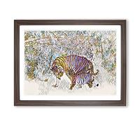 Tigers Winter Forest Modern BG Framed Print | A4 Walnut Framed Wall Art | Ready to Hang | Modern Animal Picture | Living Room Bedroom Lounge Office
