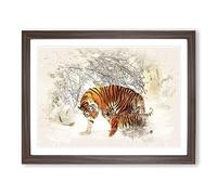 Tigers Winter Forest Modern FC Framed Print | A4 Walnut Framed Wall Art | Ready to Hang | Modern Animal Picture | Living Room Bedroom Lounge Office
