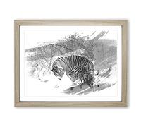 Tigers Winter Forest V1 Modern Framed Wall Art Print, Ready to Hang Picture for Living Room Bedroom Home Office Décor, Oak A2 (64 x 46 cm)