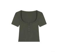 Tight-fitting Short-sleeve Polyester T-shirt Top for Women Short-length Regular Cut Pure Color Four-season Clothing Option (L Green)