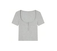 Tight-fitting Short-sleeve Polyester T-shirt Top for Women Short-length Regular Cut Pure Color Four-season Clothing Option (L Gray)