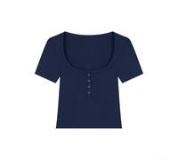 Tight-fitting Short-sleeve Polyester T-shirt Top for Women Short-length Regular Cut Pure Color Four-season Clothing Option (L Blue)