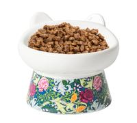 TIGOADT Ceramic Raised Cat Bowl, Wide Shallow Elevated Cat Food Bowl, Anti Vomit Tilted Pet Feeder with Stand, Anti Whisker Fatigue Neck Protective Feeding Dish for Kittens & Seniors (Floral)