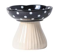 TIGOADT Raised Ceramic Cat Bowl with Stand Flat, 15cm Wide Mushroom Black | Shallow, Anti Vomit & Whisker Friendly, Elevated Anti-Slip Pedestal, for Feeding Food & Water, Dishwasher Safe, Home Decor