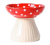 TIGOADT Raised Ceramic Cat Bowl with Stand Flat, 15cm Wide Mushroom Red | Shallow, Anti Vomit & Whisker Friendly, Elevated Anti-Slip Pedestal, for Feeding Food & Water, Dishwasher Safe, Home Decor