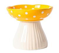 TIGOADT Raised Ceramic Cat Bowl with Stand Flat, 15cm Wide Mushroom Yellow | Shallow, Anti Vomit & Whisker Friendly, Elevated Anti-Slip Pedestal, for Feeding Food & Water, Dishwasher Safe, Home Decor