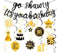 Tihebax 18th Birthday Decorations for Girls Women, Black Go Shawty It's Your Birthday Banner & Gold and Black 10Pcs Hanging Swirls, Happy 18th Birthday Banner for Party Favor Packs