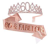 Tihebax 60th Birthday Sash and Tiaras for Women, Birthday Sash Crown Fabulous Sash and Tiara for Women 60 & Fabulous Birthday Gifts for Happy 60th Birthday Party Favor Supplies (Rose Gold)