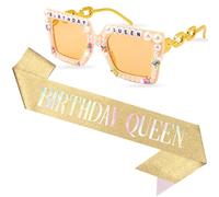 Tihebax Birthday Sash for Women Girls, Gold Birthday Queen Sash with Glasses for Women Happy Birth day Decorations for Girls Party Favors Accessories