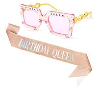 Tihebax Birthday Sash for Women Girls, Rose Gold Birthday Queen Sash with Pink Glasses for Women Birth day Decorations for Girls Party Favors