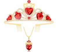 Tihebax Queen of Hearts Crown and Necklace Set for Descendants Costume, Red Heart Tiara & Accessories for Women Princess Peach Crown - Evie Inspired Queen of Hearts Costume Accessories for Halloween