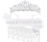 Tihebax White Custom Sash Personized, Silver Tiara Crown with Blank Satin Sash & 4 Sheets Rhinestone Letters for Women Girls Make Your Own Sashes Custom Pageant Prom Queen, Birthday, Bride, Graduation
