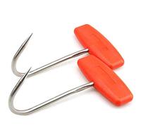 TIHOOD 2PCS Meat Hooks for Butchering,T Shaped Boning Hooks with Handle 6 inch Stainless Steel Butcher Shop Tool Kit (Orange x2)
