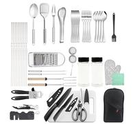 TIHOOK 36Pcs Camping Cooking Utensils Set, Stainless Steel Kitchen Utensils Set with Organizer & 10 BBQ Skewers, Outdoor Travel Kitchen Cooking Equipment Set for Picnic Hiking Grill Motorhome