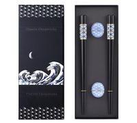 TIICOO Japanese Style Reusable Wooden Chopsticks Gift Set-2 Pairs Natural Wood Chopsticks+2 Ceramic Chopstick Rests, Dishwasher Safe, Eco-Friendly, Non-Slip, 22.5cm (8.85 Inches), Sushi & Asian Dining
