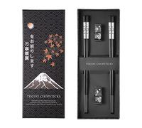 TIICOO Premium 304 Stainless Steel Chopsticks Set - 2 Pairs Titanium Plated Japanese Style with Laser Engraved Design, Dishwasher Safe, Non-Slip Grip, Elegant Gift Box (Black)