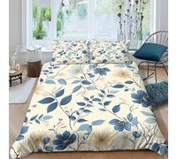 TIICZAAKL 3D Printed Blue Leaves White Flowers Duvet Cover Sets Bedding Sets 3 Piece Microfiber Comfortable Soft Quilt Cover with Pillow Cases,for Teens Adults，for All Season Double（200x200cm）