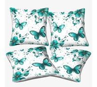 TIICZAAKL 3D Printed Flower Green Butterfly Throw Pillow Case Set of 4 Cushions Square Decorative Single-Sided Printing Pillowcases for Living Room, Sofa, Bedroom, Hotel 45x45cm