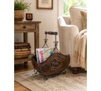 TIJORI Mango Wood Carved Flower Magazine Rack 48cm Boat Shape