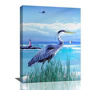 Tijuboni Coastal Bathroom Wall Art Sea Bird Wall Decor Blue Heron Pictures Ocean Beach Lighthouse Canvas Painting Print Artwork Framed for Living Room Bedroom Bathroom 12''x16''