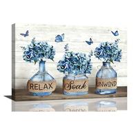 Tijuboni Farmhouse Bathroom Decor Wall Art Navy Blue Hydrangea Flower Pictures Canvas Prints Country Relax Soak Unwind Sign Artwork Modern Home Decor Framed Ready to Hang 8x12