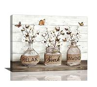 Tijuboni Farmhouse Bathroom Decor Wall Art Rustic Cotton Pictures Canvas Print Country Relax Soak Unwind Sign Artwork Modern Home Decor for Bathroom Framed Ready to Hang 12"x16"