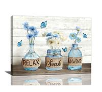 Tijuboni Farmhouse Bathroom Decor Wall Art Rustic Daisy Pictures Canvas Print Country Blue Relax Soak Unwind Painting Framed Modern Artwork 8''x12''