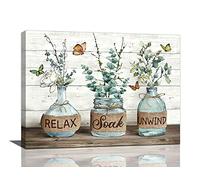 Farmhouse Bathroom Decor Wall Art Rustic Botanical Bathroom Pictures Canvas Print Bathroom Relax Soak Unwind Eucalyptus Butterfly Painting Prints Framed Artwork Decor for Bathroom 12"x16"