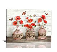 Tijuboni Farmhouse Bathroom Decor Wall Art Rustic Poppy Pictures Canvas Print Country Relax Butterfly Painting Framed Artwork for Bedroom 8''x12'' Red Poppy