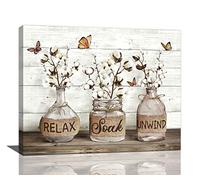 Tijuboni Farmhouse Wall Art - Rustic Cotton Bathroom Pictures Canvas Print - Country Bathroom Decor - Relax Soak Unwind Sign - Modern Home Decor - Framed Ready to Hang - 16"x20"