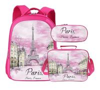 Tijuboni Kids Backpack for School Boys and Girls - 3pcs, Cute School Backpack with Lunch Box and Pencil Case for Children Teens Bookbag 16 Inch, Eiffel Tower, One Size