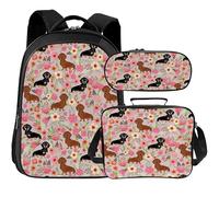 Tijuboni Kids Backpack for School Boys and Girls - 3pcs, Cute School Backpack with Lunch Box and Pencil Case for Children Teens Bookbag 16 Inch, Dachshund, One Size