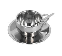 TIKATARER 3PCS Stainless Steel Coffee Cup Set, Double Wall Insulated Mugs with Saucer & Spoon for Hot & Cold Beverages in Kitchen, Office & Coffee Shop (Milan Double Layer Suit-180ML)