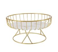 TIKATARER Fruit Bowl, Round Fruit Tray Hollow Metal Fruit Basket Table Countertop Holder Wire Basket Fruit Rack for Dessert Snacks Bread (L White Background with Gold Stripes)