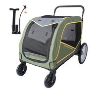 TIKATARER Large Dog Stroller, Extra Big Pet Carriage with 5 Sided Breathable Mesh Windows, Double Doors, Stable Rear Wheels, Leather Handles, Folding Wagon for Outdoor Travel (Green)