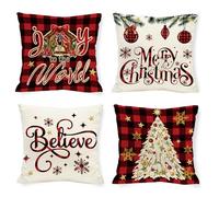 Tikeciti Christmas O Holy Night Pillow Covers Joy to The World 18 x 18 Inch Throw Pillows, Xmas Trees Snowflakes Seasonal Decorative Farmhouse Cushion Case for Sofa Couch Set of 4