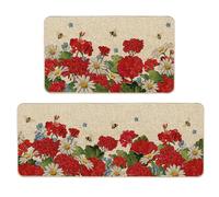 Tikeciti Spring Summer Red Geranium Kitchen Mats Set of 2, Bee and Flower Kitchen Rugs Seasonal Vibrant Daisy Holiday Floor Non-Slip Low Profile Mat Farmhouse Home Decor 17x29 and 17x47 Inch
