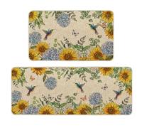 Tikeciti Spring Summer Sunflower Blue Hydrangea Kitchen Mats Set of 2, Butterflies Kitchen Rugs Seasonal Hummingbirds Holiday Floor Non-Slip Low Profile Mat Farmhouse Home Decor 17x29 and 17x47 Inch