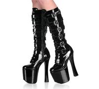 TIKENBST High Heels 20CM High Heel Lace Up Boots Black Patent Leather Boots Fashion Prom Boots High Knee,Black-39