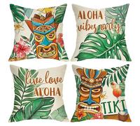 Tiki Bar Accessories - Set of 4 Decorative Tiki Bar Pillows, Beach Hut Accessories, Tropical Beach Hut Accessorie, Hawaiian Style Pillow for Home Sofa Bed Patio, Vintage Grunge Hawaii Hut Island Decor