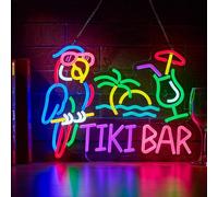 Tiki Bar Parrot Palm Tree Neon Sign for Wall Decor Hawaii Beach Bar LED Light up Signs with Dimmer for Pub Party Man Cave Room Art Decor Gift