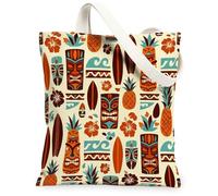 Tiki Canvas Tote Bag for Women, Tropical Bohemian Pineapple Surfboard Summer Brown Washable Reusable Graphic Tote Bag for S, Brown, 13x15 Inch