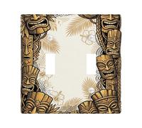 Tiki Double Light Switch Cover Plate, Tropical Vintage Hibiscus Palm Leaves Summer Brown Plastic Standard Size Switch Plate Decorative for Living Room Bedroom Home Office Decor