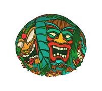 Tiki Idols And Palm Leaves Waterproof Shower Cap,Elastic Bathing Hair Cap Environmental Protection Hair Bath Caps, Double WaterproofBathing Shower Hat