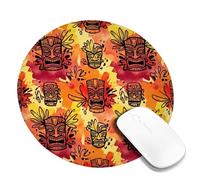 Tiki Mask Small Mouse Pad, Tropical Bold Feathers Splash Summer Orange Round Rubber Washable Aesthetic Desk Mousepads Accessories for Office Home Computer Laptop Round 8x8 Inch
